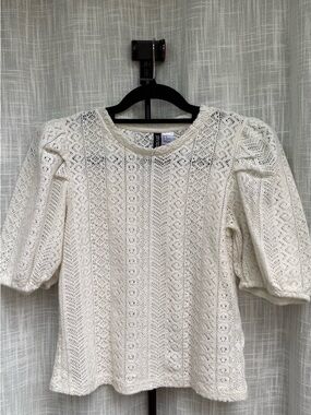 Divided Cream Lace Knit Puff Sleeve Top